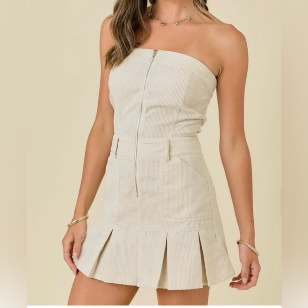 Strapless Corduroy Pleated Romper Mini Dress